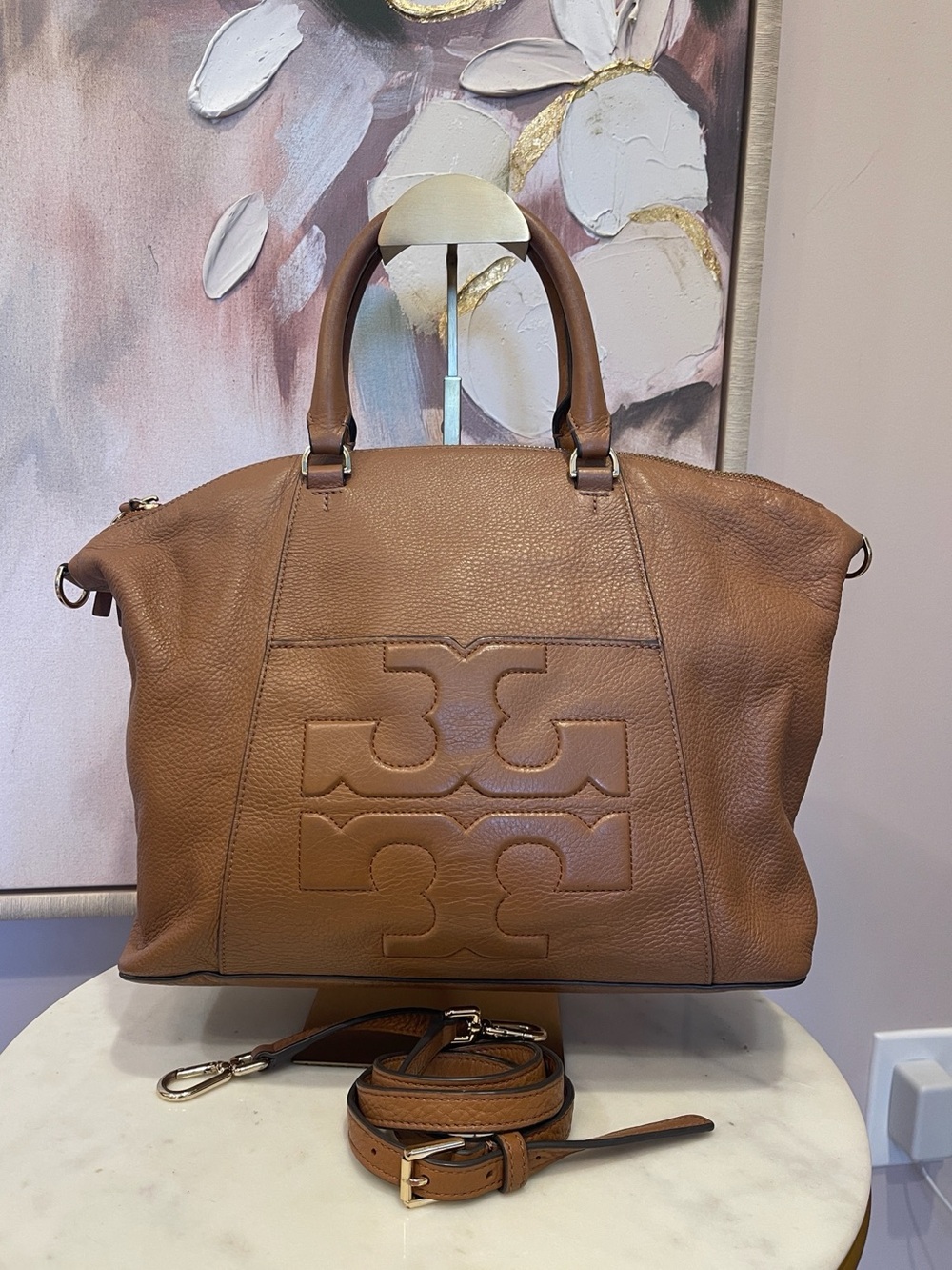 Tory Burch Tan Pebbled Leather Logo Tote with Detachable Strap
